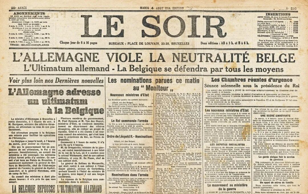 1914年8月4日(星期二) 的比利时法语报纸 《Le Soir》(《晚报》) 头条标题: